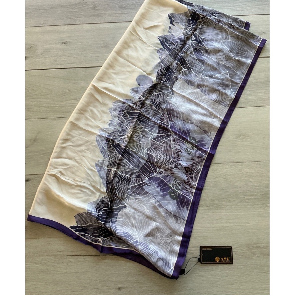 JINAYIN Women's Silk Scarf Flower Landscape Print Purple Border‎ New With Tags